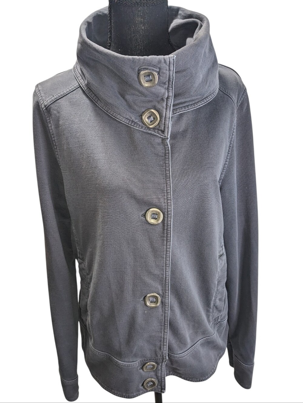Prana Gray Candice Jacket High Funnel Collar Button-Front Utility Flaw